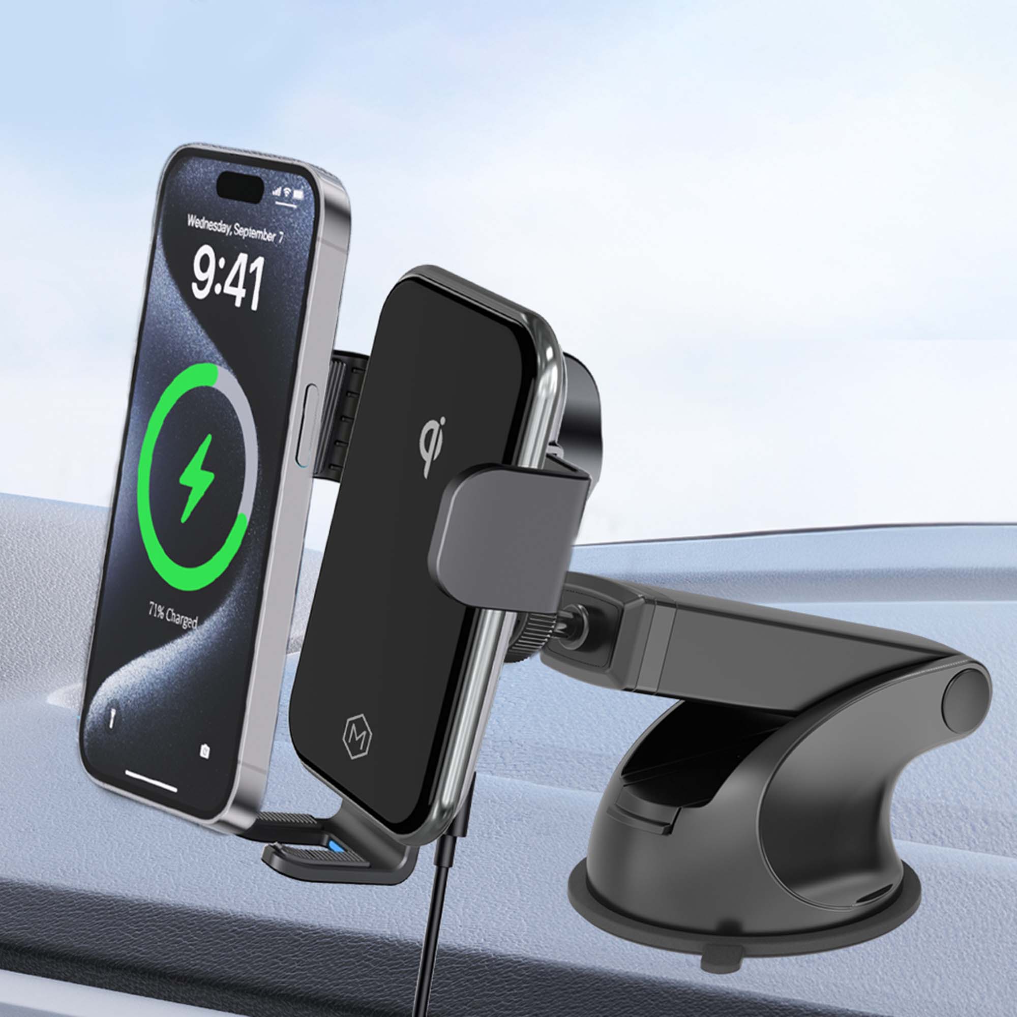 Auto Grip Fast Wireless Car Charger Mount With Telescopic Suction Cup Mount - Qi-Certified